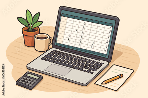 Laptop with spreadsheet on screen for accounting or financial report. Office desk with calculator, coffee and plant. Business data analysis concept. Vector cartoon illustration.