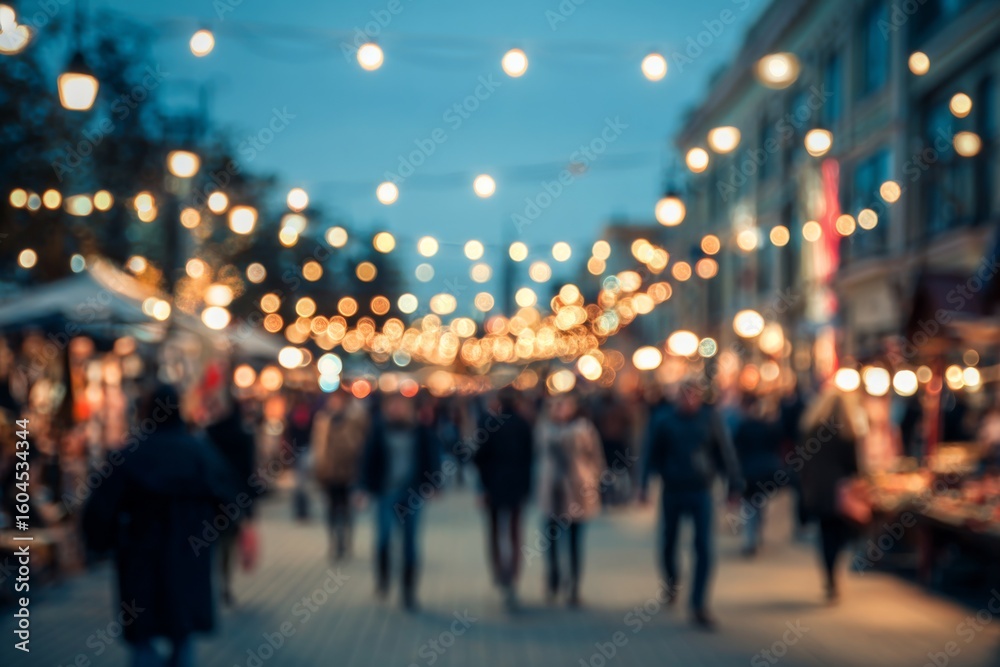 Fototapeta premium Soft Focus of Evening Street Scene with Blurred People and Warm Decorative Lights Creating a Vibrant Atmosphere in an Urban Setting