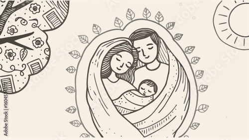 Illustration of a family consisting of a mother father and baby wrapped in a blanket with leaves around it silhouette