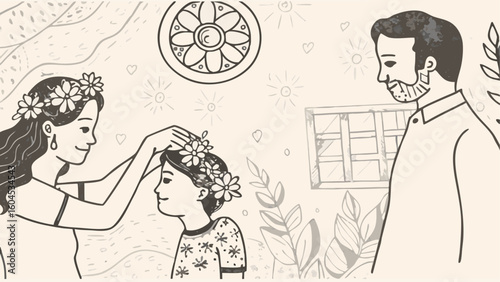 Woman placing flower crown on child's head with man standing nearby in a sketched family scene indoors silhouette