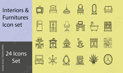24 Set of icon based on interior and furniture for modern lifestyle considering aesthetic look of a home.  