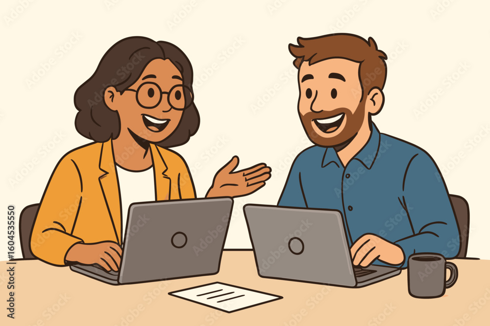 Colleagues working together in a modern office. Happy man and woman talking at a desk with laptops. Positive business team communication. Coworker cooperation concept. Colleagues working together in a modern office. Happy man and woman talking at a desk with laptops. Positive business team communication. Coworker cooperation concept.