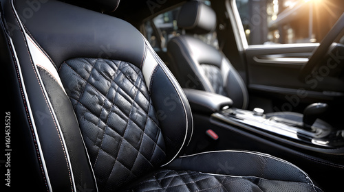 Wallpaper Mural White and black leather car seat with elegant stitching creating a luxurious and comfortable interior, perfect for showcasing automotive design and craftsmanship Torontodigital.ca