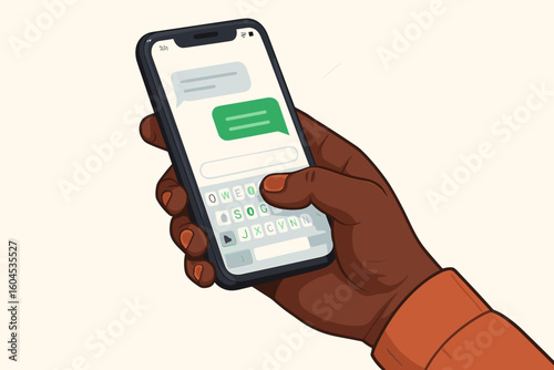 Dark-skinned hand holding smartphone and texting. African American person using mobile phone for online chat. Vector concept for communication, social media, messaging app.