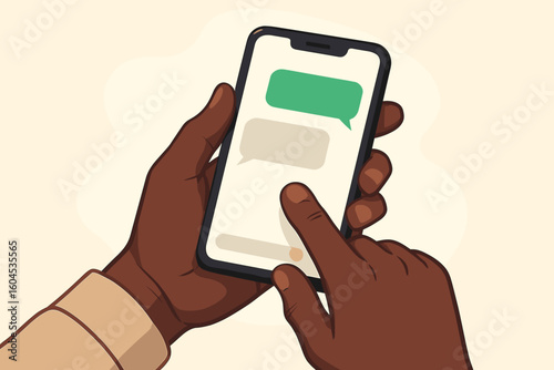 Black hands holding a smartphone, typing a message. African American person using a mobile phone for online chat. Communication, social media app concept. Vector illustration.