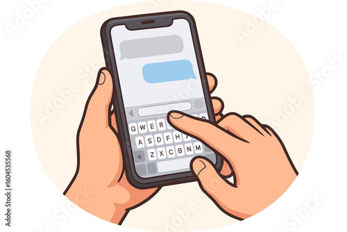 Hand holding smartphone and texting message. Fingers typing on mobile phone screen keyboard. Online chat communication concept. Social media messenger app. Vector illustration.