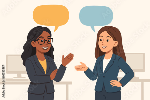 Two diverse businesswomen having a conversation. Female colleagues talking at work. Office communication, teamwork vector concept with speech bubbles for text.