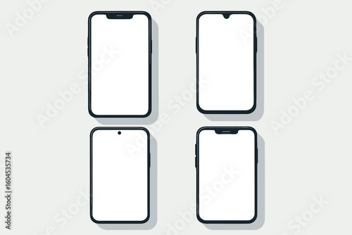 Vector mobile phone mockups collection. Four various unbranded fictional smartphones with blank empty screen. Flat lay design for app ui presentation or web design display.