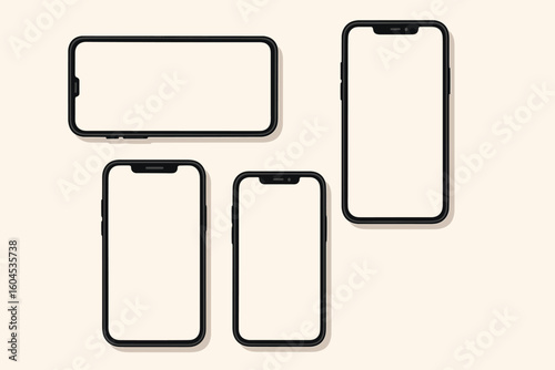Vector mobile phone templates for mockup. Various unbranded smartphones in flat lay top down view with blank screen. Easy to use graphic illustration for app or web design.
