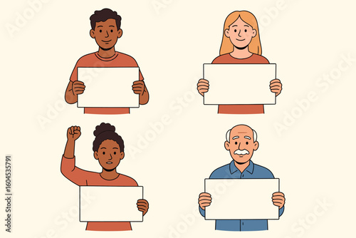People with blank posters for your text. Group of diverse characters holding empty signs. Young man, woman, senior, and activist with fist up. Protest concept vector illustration.