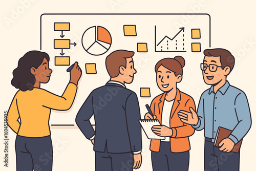 Business people team meeting for company strategy. Colleagues working on project process at workshop. Brainstorming and planning on whiteboard with charts and graphs.