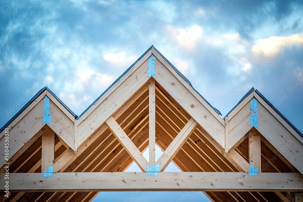 Obraz premium Wooden roof structure under construction against a cloudy sky.
