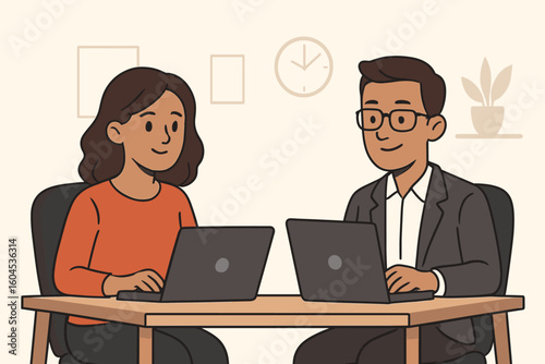 Man and woman colleagues working together in a modern office. Teamwork and collaboration concept. Business people sitting at a desk with laptops. Vector cartoon illustration.