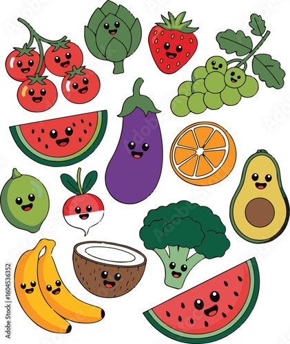 Happy Cartoon Fruits and Vegetables