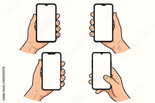Hand holding smartphone mockup set. Vector illustration collection of hands with mobile phones. Blank screen for app UI/UX presentation. Isolated cartoon design elements.