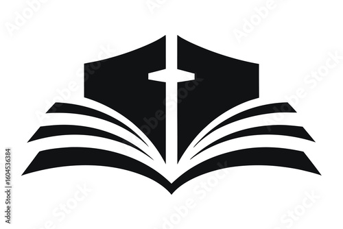 Open Book with Cross Silhouette Emblem Faith and Knowledge Symbol Christian Education Resource Graphic Design Icon and Logo