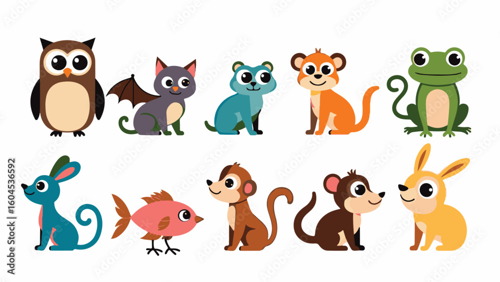 Naklejka premium Colorful flat vector cartoon animal silhouettes collection – cute wild, domestic, aquatic, jungle, fantasy, and forest animals in minimalist kid-friendly style on white background