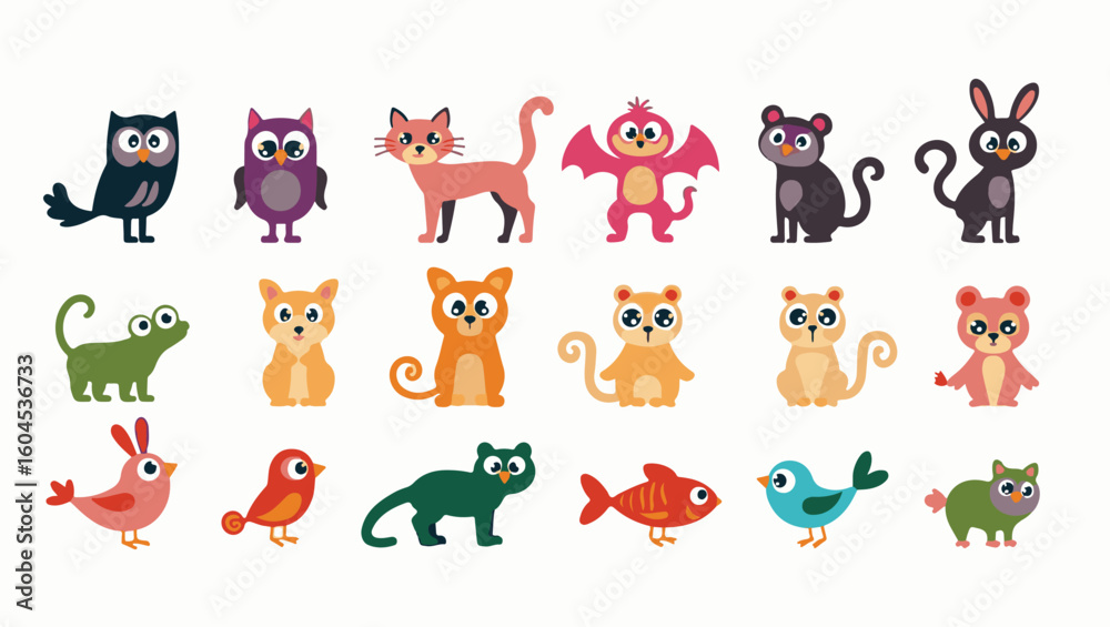 Obraz premium Colorful flat vector cartoon animal silhouettes collection – cute wild, domestic, aquatic, jungle, fantasy, and forest animals in minimalist kid-friendly style on white background