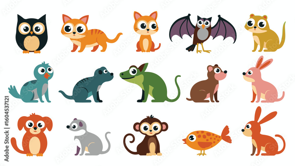 Obraz premium Colorful flat vector cartoon animal silhouettes collection – cute wild, domestic, aquatic, jungle, fantasy, and forest animals in minimalist kid-friendly style on white background