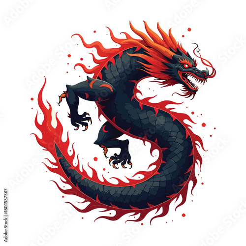 Red dragon tattoo vector illustration on black background, a powerful symbol of Japanese and Chinese fantasy art