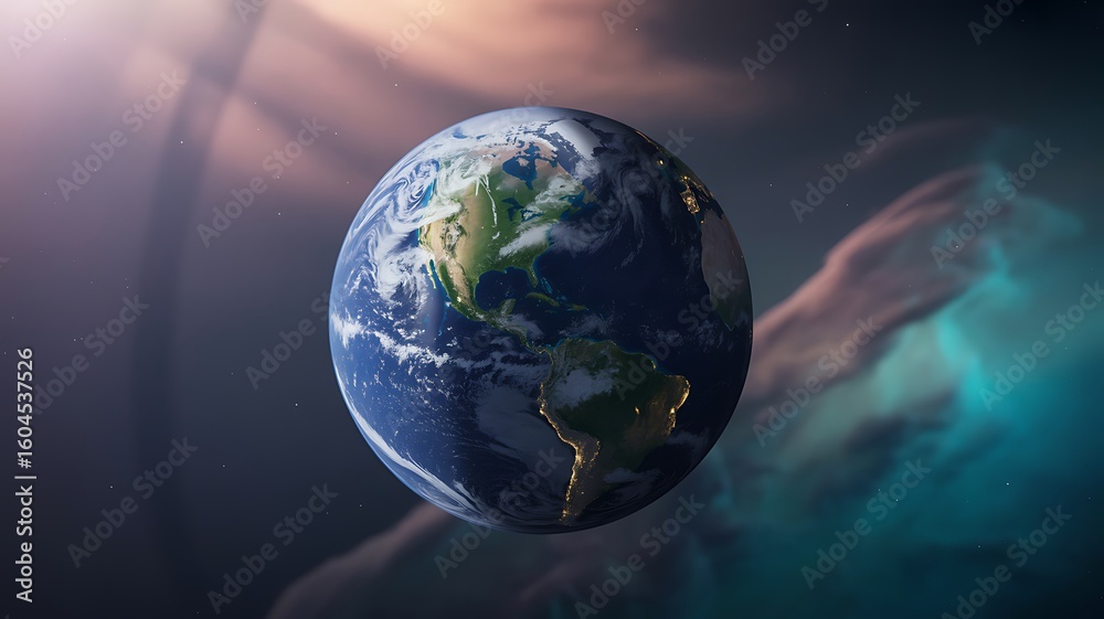 Fototapeta premium Majestic planet earth glowing with city lights surrounded by cosmic clouds space cosmos
