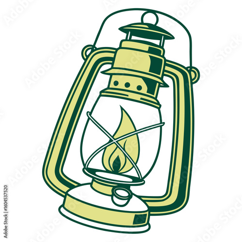 Detailed line art shows classic kerosene lantern with a vibrant flame burning