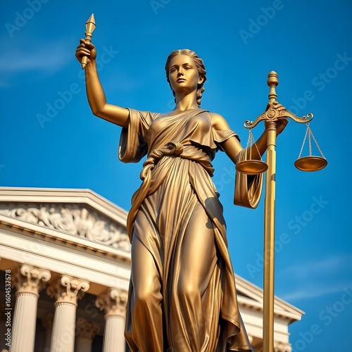 Golden Lady Justice Statue with Classical Architecture Background-AI Generated