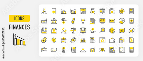 Finance icons. Safe, Idea, Wallet, Pie Chart, Money, Time Is Money, Presentation, Vision, Shopping Basket, Money Bag, Report, Web Browser, Bar Chart vector stroke illustration.	
