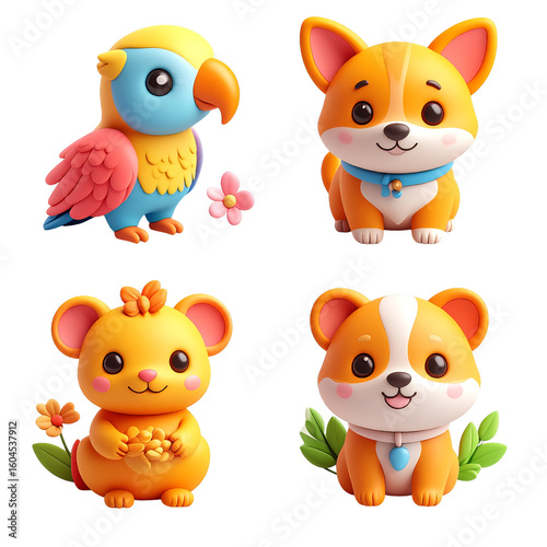 Adorable 3D Rendered Pet Animals Collection: Cute Parrot, Corgi Dogs, and Hamster Illustrations