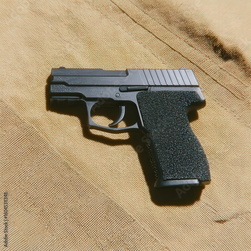 Compact sidearm with trigger details, laid on military vest