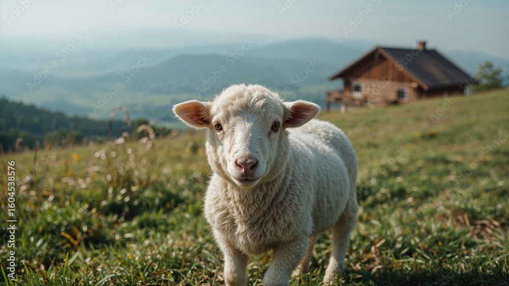 Fototapeta premium A charming lamb in a rustic setting with greenery and wooden elements