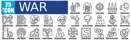 War icon pack collection set for Iron Cross, Tactical Network, Patriot Guard, Mercenary Unit, Red Zone, Silent Radio, Dust Storm, Tracer Shot, Ammo Belt, Battle Roar, Satellite Spy, Crumbling Wall