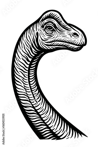 Brachiosaurus Dinosaur Head Woodcut Style Illustration - Prehistoric Animal Design