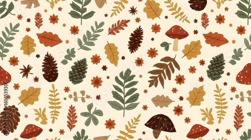 Seamless Pattern of Fall Mushrooms, Leaves, and Forest Elements