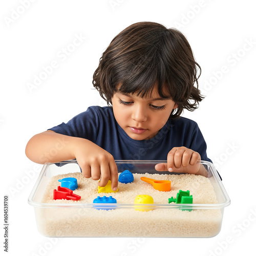 A young Hispanic boy with dark hair plays with colorful plastic toys in a sand-filled container. The background is transparent, emphasizing the activity.