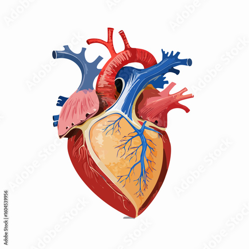 Anatomical vector illustration of the human heart, showing a detailed cross-section of its chambers, valves, and blood vessels.