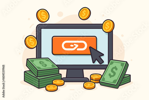 Affiliate marketing profit vector illustration: computer screen with clickable link button, flying gold coins, cash stacks, online passive income, digital advertising concept
