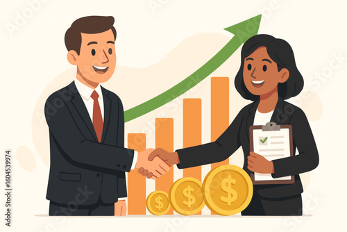 Business handshake partnership, diverse professionals closing deal, financial growth chart arrow, coins, teamwork, negotiation, investment success, collaboration illustration