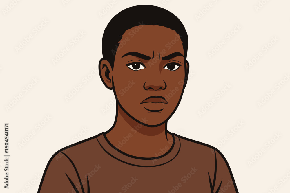 Fototapeta premium Serious African American woman portrait vector – head & shoulders illustration of black female with short buzz cut hair, stern focused eyes, casual brown tee, diversity concept