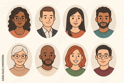 Multicultural diverse people avatar set in oval frames, smiling man and woman faces of various ages and ethnicities, flat vector head illustration for profile, social media icons