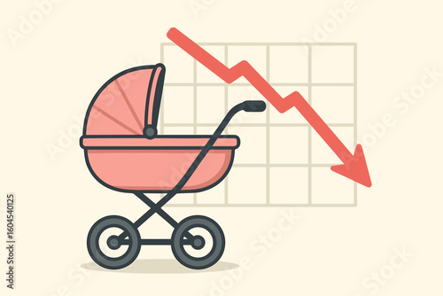 Birth rate decline concept with baby stroller, red downward arrow and falling graph symbolizing population shrinkage, low fertility crisis, demographic warning vector illustration