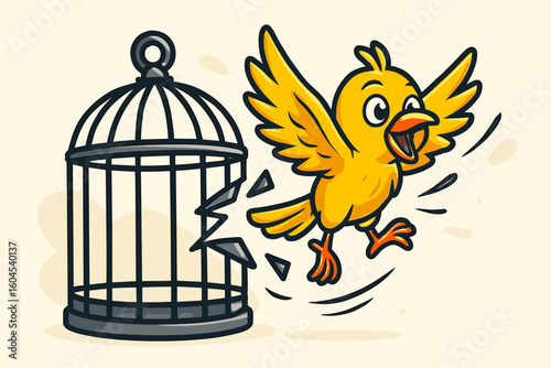 Freedom and liberation concept: cheerful yellow cartoon bird shattering open cage bars, breaking free and flying, escape, success, breakthrough, motivation vector illustration