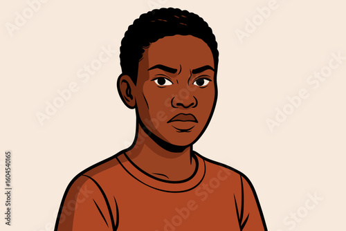 Serious black woman portrait, African American face and upper body, short curly hair, direct gaze, casual t-shirt, neutral background, flat cartoon vector illustration