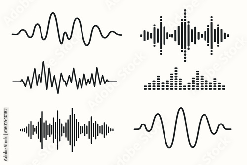 Black audio waveforms and equalizer bar set on white background, abstract sound frequency curves, voice spectrum icons, music amplitude lines, minimal isolated vector collection