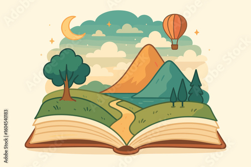 Surreal storybook landscape vector illustration: open book reveals whimsical nature scene with mountains, tree, hot air balloon, moon and stars, symbolizing imagination and literary escapism
