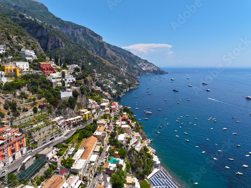 Fototapeta Naklejka Na Ścianę i Meble -  Positano, Amalfi coast, sea, ocean, city, town, travel, landscape, view, coast, sky, architecture, bay, water, beach, panorama, europe, tourism, ocean, cityscape, summer, italy, mediterranean, buildin
