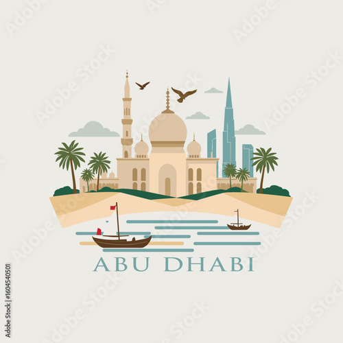 Abu Dhabi waterfront with mosque, boats, palm trees and modern towers in vector circular illustration