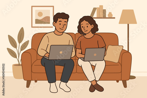 Happy couple using laptops on sofa during remote work and online study in living room home office. Cartoon vector illustration of man and woman freelancing, telecommuting interior.