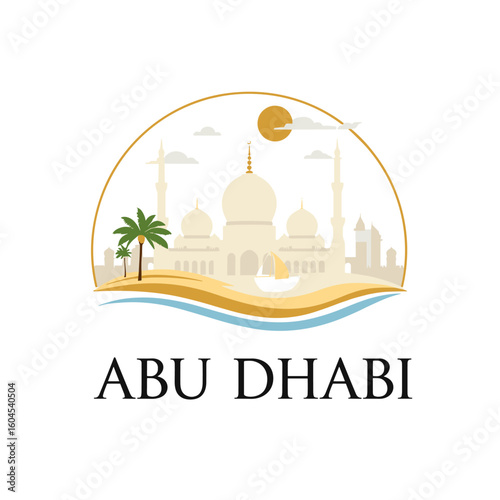 Vector of Abu Dhabi with mosque domes, minarets, palm trees, sun and curved shoreline in circular design