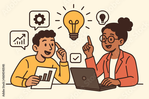 Team brainstorming innovation concept. Diverse coworkers discuss new business idea with light bulb, laptop, growth chart. Flat cartoon vector illustration of startup teamwork.